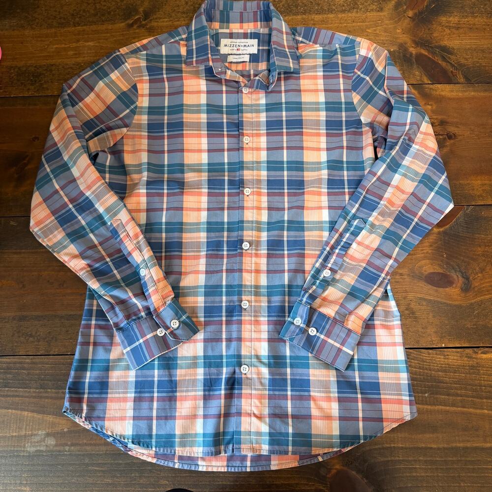 Mizzen Main Performance Sport Shirt Men's Large Trim Fit Blue Stretch Button Up